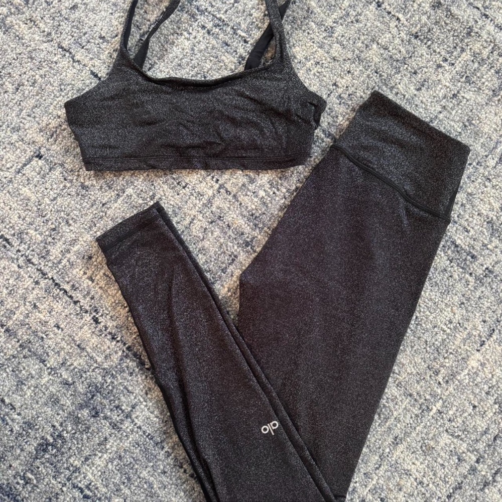ALO Yoga Black Sparkle Leggings & Sports Bra Set